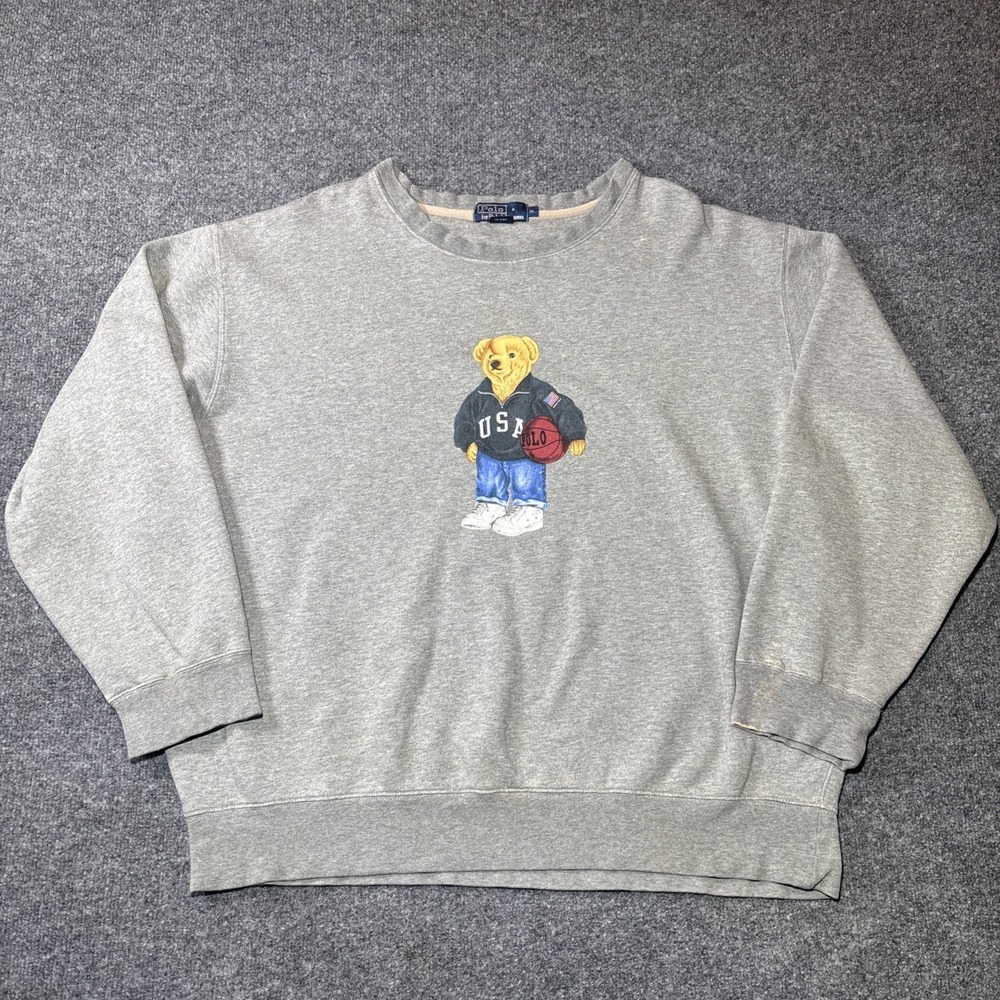 Vintage Men's Polo Ralph Lauren Grey USA Basketball Bear Fleece Sweatshirt XL